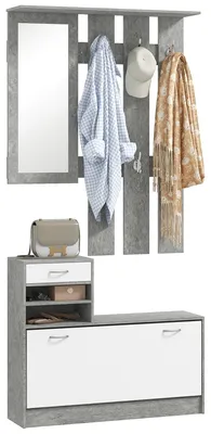 Produktbild von Garderobenm?bel-Set mit 6-Haken-Garderobe, Schuhregal mit Schublade und Spiegel, grau