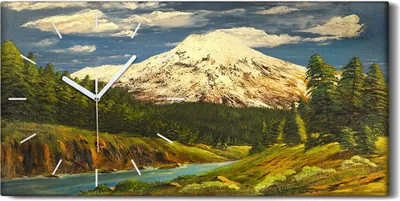 Produktbild von Dekor Leinwand Uhr Wandbilder Geräuschlos 60x30 Gemälde Wald Bäume Berg Wolken - weiße Hände
