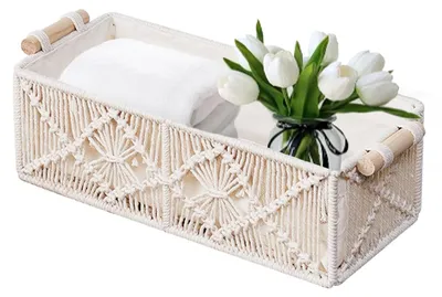 Boho Macramé Aufbewahrungskorb, handgewebt, 30x14x10 cm, beige