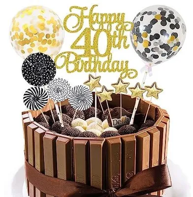 Zdjęcie produktu dla Dekoracja tort urodzinowy czarno złoty happy birthday 40 lat