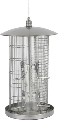 Produktbild von Dehner Natura Premium Wildvogel Futterspender Triple, 3-in-1 Futterstation für Wildvögel, Futterstelle wetterfest / hängend, inkl. Aufhängevorrichtung, Ø 22 cm, Höhe 36.5 cm, Metall, silber