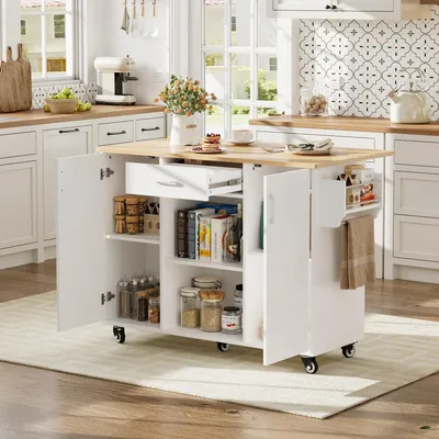 Obrázek produktu pro Kuchyňský ostrůvek – kuchyňský vozík se sklopnou pracovní deskou, 120 cm, servírovací vozík na kolečkách se zásuvkou a skříňkou, bílý dub, 92,9 x 120 x 43,5 cm