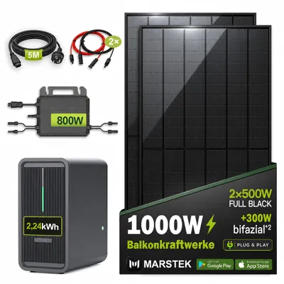 Produktbild von Balkonkraftwerk 1000W mit 2,24 kWh Speicher MARSTEK B2500-D | 2×500W bifaziale Solarmodule | 800W Mikrowechselrichter | Komplettset