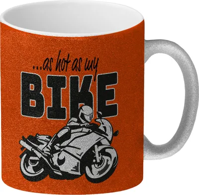 Produktbild von As hot as my Bike Glitzer-Kaffeebecher mit coolem Motorradfahrer Motiv in orange
