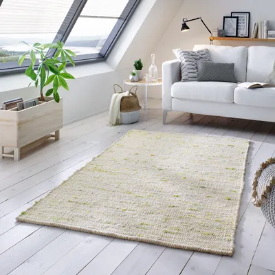 Produktbild von Wollteppich Natur Handweb Teppich I Reine Schur-Wolle im Skandinavischen Design I Wohnzimmer Schlafzimmer Esszimmer Kinderzimer Büro | Grün Meliert