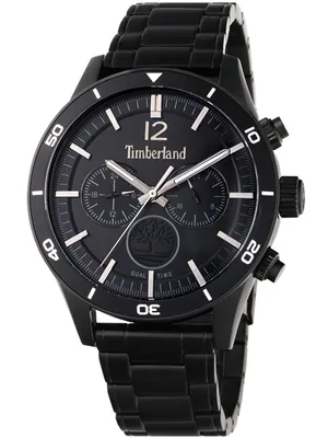 A studio shot of a black Timberland watch.