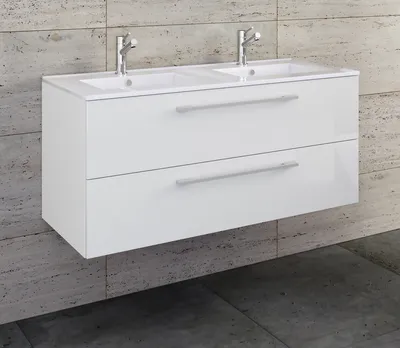 Produktbild von VCM 2-tlg. Doppel Waschplatz | 2x Waschtisch | Badmöbel Set mit Keramik Waschbecken | H. 51 x B. 112 x T. 46 cm | Doppelwaschbecken Budasi
