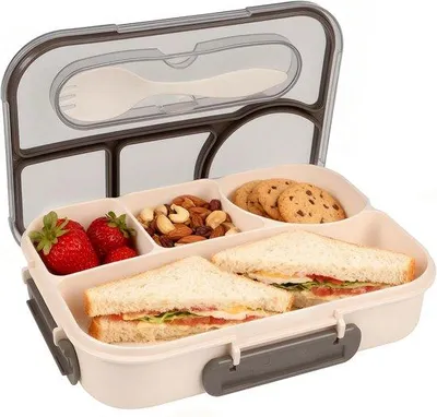 Immagine prodotto di VHV - Contenitore per alimenti Bento Box da 1100 ml - Contenitore per il pranzo con 4 scomparti, coperchio a prova di perdite e forchetta - Adatto al microonde e alla lavastoviglie - Beige