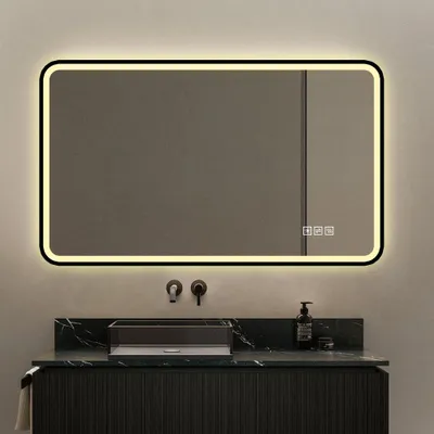 Produktbild von LED Badezimmerspiegel 70x90 cm mit schwarzem Aluminiumrahmen – Front- & Hintergrundbeleuchtung, Anti-Beschlag, 3 Lichtfarben, dimmbar, Memory-Funktion – IP44, horizontal & vertikal montierbar