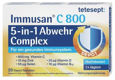 Produktbild von Tetesept Immusan C 800 5-in-1 Abwehr Complex Depot-Tabletten für ein gesundes Immunsystem, 20 St. Tabletten