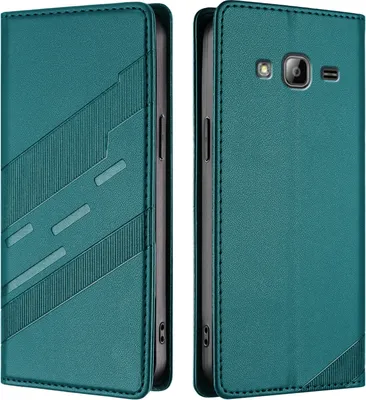 A teal flip case for a Samsung Galaxy J3 2016 phone is shown from two angles.