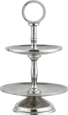 Immagine prodotto di Marrakech Deco Estetica Etagere 2 livelli fruttiera rotonda argento 26 cm di altezza | Sevierplatte 2 vassoi come candy bar cucina o soggiorno decorazione moderna | Cupcake stand porta torta in alluminio
