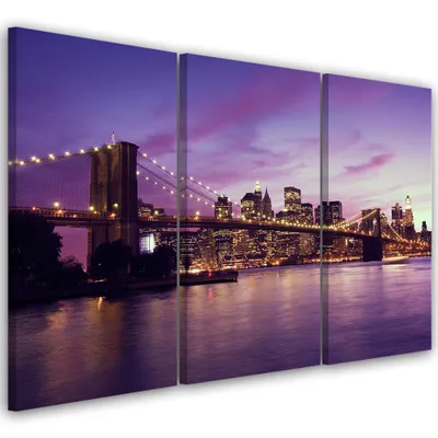 Produktbild von Triptychon auf leinwand städte & architektur - violett 150x100 cm Feeby lila wandbild bereit zum aufhängen