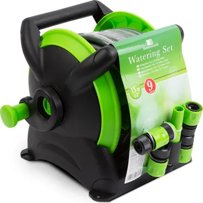 Produktbild von Gartenschlauch auf Rolle 15 Meter – Komplettes Gartenschlauch-Set 15 m mit Spritzpistole – Gartenschlauchwagen – Schlauchwagen kompakt