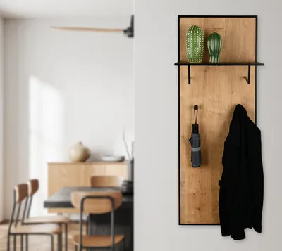 Produktbild von Wandgarderobe mit Ablage für Eingangsbereich und Flur Holzoptik + Metall schwarz