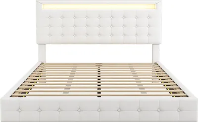 Produktbild von Flieks Polsterbett 140x200cm mit LED, Jugendbett Doppelbett mit Höhenverstellbarem Kopfteil, Klassisches Bett Holzbett mit Lattenrost, PU, Beige