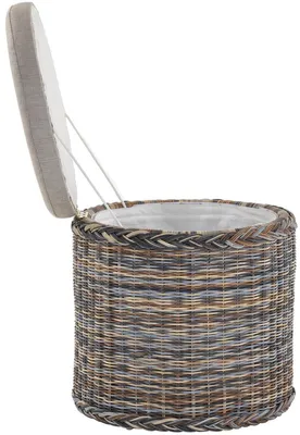A round woven storage basket with a cushioned lid, shown with the lid open.