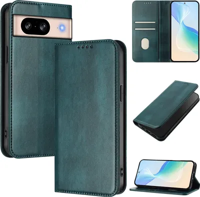 Produktbild von Handyhülle für Google Pixel 8, Vintage Leder RFID Schutz Kartenfach Standfunktion Magnetische Klapphülle Grün