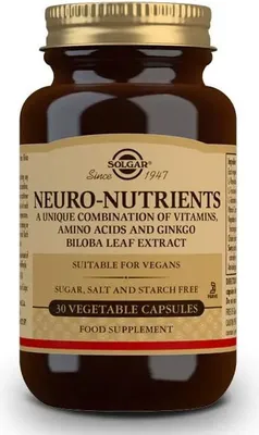 A studio shot of a bottle of Solgar Neuro Nutrients.