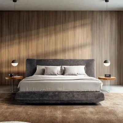 Image de Lit design gris Lit d'hôtel élégant Lit design en tissu