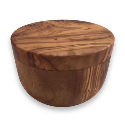 A wooden bowl with a lid, isolated on a white background.