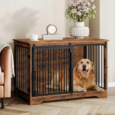 Imagen del producto de Jaula para perros vintage, color marrón - 100 cm, jaula de madera para perros de tamaño mediano