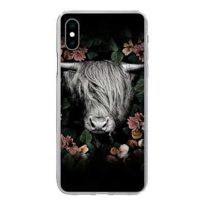 Produktbild von MuchoWow® Handyhülle Schutzhülle Hülle für iPhone Xs Schottischer Highlander - Blumen - Rosa Silikon Softcase Handy Hülle - Handytasche