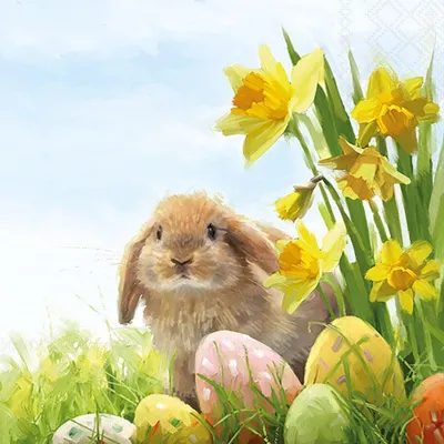 Produktbild von 20 Servietten Fluffy - Fluffiger Hase an Narzissen 33x33cm