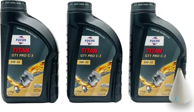 Three bottles of Fuchs Titan GT1 Pro C-3 5W-30 engine oil are displayed side-by-side.