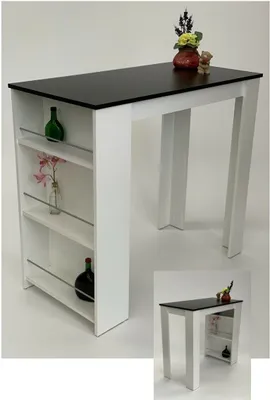 A bar table with a black top and white legs, featuring shelves on one side. A small inset image shows a similar table from a different angle.