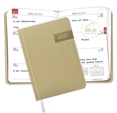 Produktbild von Taschenkalender 2027 A6 Denim Beige - 1 Woche 2 Seiten,Hardcover in Stoffoptik mit Naht