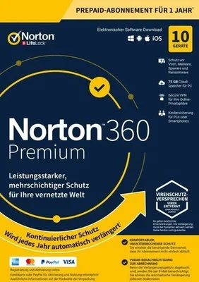 Produktbild von Norton 360 PREMIUM /10 Geräte / 1 Jahr PC/Mac/Android / Abo (Lizenz per E-Mail)