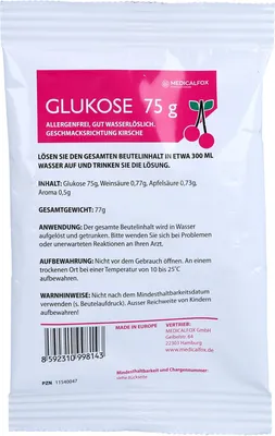 Image de MEDICALFOX Glucose 75 g poudre Cerise, 75 g poudre