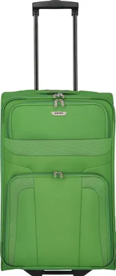 A green trolley suitcase against a white background.