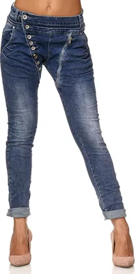 Imagen del producto de Elara. Pantalones vaqueros estilo boyfriend, corte holgado, con botones delanteros. Modelo C613MK/H-F, color azul oscuro, talla 48