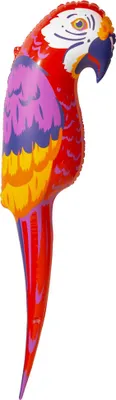 A colorful inflatable parrot balloon against a white background.