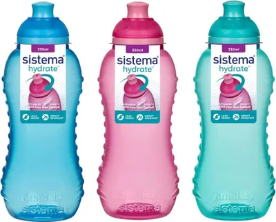 Produktbild von 3 Sistema-Trinkflasche, 330 ml, Aqua-blau, Limettengrün, Pink