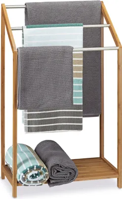Produktbild von Relaxdays Handtuchhalter Bambus, 3 Handtuchstangen, Freistehend, Ablage, modern, HxBxT: 85 x 51 x 31 cm, natur