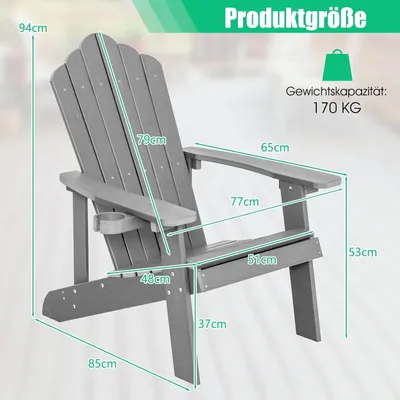 Zdjęcie produktu dla Krzesło Adirondack z uchwytem na kubek, odporne na warunki atmosferyczne, plastikowe krzesło ogrodowe, udźwig 170 kg, jasnoszary kolor