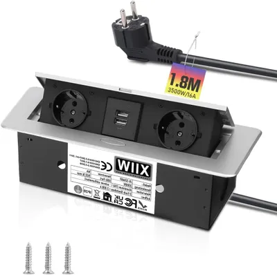Produktbild von Aluminium Versenkte Einbausteckdose, 3500W/16A, 2 Fach Tischplatte Steckdose mit 2 USB, Tischsteckdose Mehrfachsteckdose für Arbeitsplatte Küche Büro