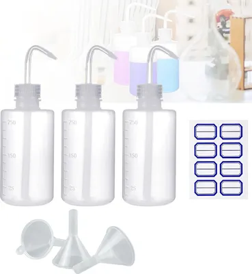 Produktbild von 3 Stück Spritzflasche 250ml, Kommt mit 3 Trichtern und 1 Etikett Laborflasche Waschflasche Dosierflasche Squeeze Flasche Sprühflasche Quetschflasche Transpartent Kunststoff für Laborreinigung Pflanzen
