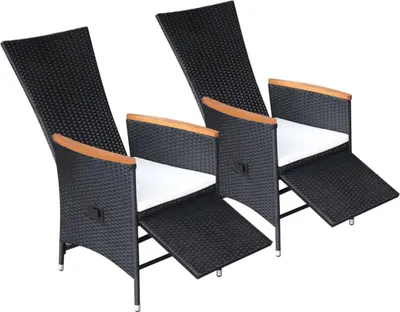 Two black rattan recliners with white cushions and wooden armrests are shown against a white background.