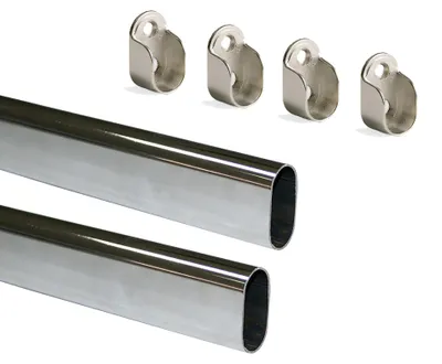 Zdjęcie produktu dla Emuca Pakiet 2 owalnych drążków do szafek 30x15mm o długości 0,95m ze wspornikami, Stal i Znal, Chromowane