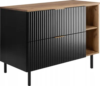 A modern black and brown cabinet with fluted doors and open shelving on the right side, set against a white background.