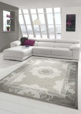 Image de Tapis design Tapis de salon moderne avec fil scintillant Tapis en laine avec cercles et motifs floraux en crème gris beige Taille - 80 x 300 cm