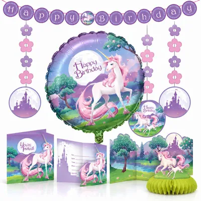 Produktbild von Fantasy Einhorn Party Deko zum Geburtstag / Kindergeburtstag lila Partyset
