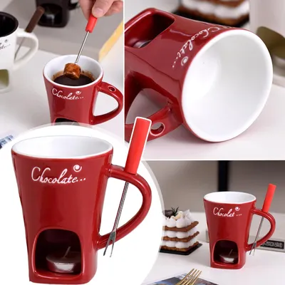 Schokofondue-Becher-Set, Keramik, 200 ml, Rot, mit Gabel und Kerze