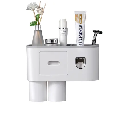Produktbild von Zahnbürstenzubehör,Zahnbürstenhalter,Wandmontage mit Doppelter Automatischer Zahnpastaspender,4 Pinselschlitzen,2 magnetischen Bechern, Grau