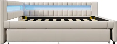 Produktbild von Flieks Polsterbett 140x200cm mit Ausziehbarem Bett, Schlafsofa Tagesbett mit Ladefunkion & LED, Jugendbett Doppelbett Daybed, Leinen, Beige