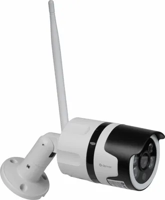 A white and black outdoor WiFi security camera with an antenna, shown against a white background.